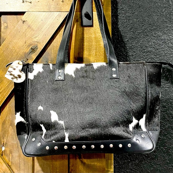 Handbags - Black & White Cowhide Black Leather Studded Tote